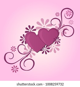 Ornament of hearts, flowers and curls on a pink background to Valentine's Day