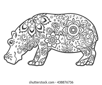 Ornament  hippo vector. Beautiful illustration hippopotamus for design, print clothing, stickers, tattoos, Adult Coloring book. Hand drawn animal illustration. Hippo lace ornamental