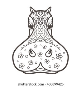 Ornament  hippo vector. Beautiful illustration hippopotamus for design, print clothing, stickers, tattoos, Adult Coloring book. Hand drawn animal illustration. Hippo lace ornamental