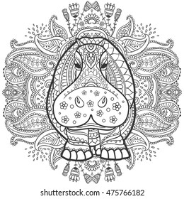 Ornament  hippo vector. Beautiful illustration hippopotamus for design, print clothing, stickers, tattoos, Adult Coloring book. Hand drawn animal illustration. Hippo lace ornamental