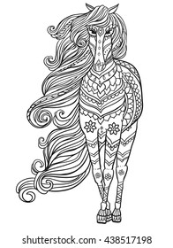 Ornament Horse vector. Beautiful illustration Horse for design, print clothing, stickers, tattoos, Adult Coloring book. Hand drawn animal illustration. 
