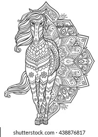 Ornament Horse vector. Beautiful illustration Horse for design, print clothing, stickers, tattoos, Adult Coloring book. Hand drawn animal illustration. Bohemian Horse lace