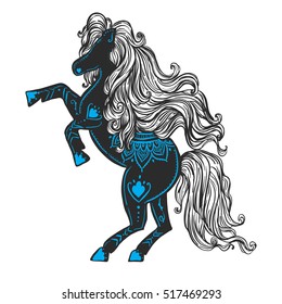 Ornament Horse vector. Beautiful illustration for design, print clothing, stickers, tattoos, Adult Coloring book. Hand drawn animal illustration. Bohemian lace watercolor