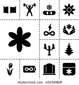 Ornament icon. set of 13 filled ornamenticons such as gate, flower, candlestick, power lifter, endless battery, snowflake