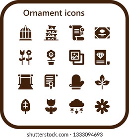 ornament icon set. 16 filled ornament icons.  Simple modern icons about  - Bird cage, Pisa, Certificate, Flower, Background, Mitten, Leaf, Snow