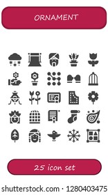 ornament icon set. 25 filled ornament icons. Simple modern icons about  - Snow, Background, Indian, Flower, Pattern, Mitten, Bird cage, Alchemy, Certificate, Christmas sock, Leaf