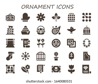 ornament icon set. 30 filled ornament icons.  Simple modern icons such as: Frame, Mitten, Flower, Leaf, Bird cage, Pattern, Pisa, Frozen, Easter egg, Totem, Background, Certificate