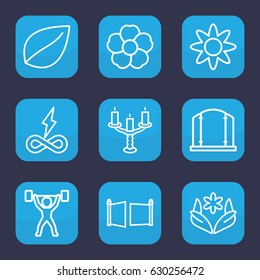 Ornament icon. set of 9 outline ornament icons such as gate, flower, leaf, candlestick, power lifter