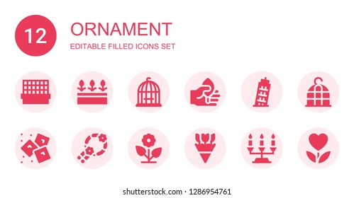 ornament icon set. Collection of 12 filled ornament icons included Cage, Flowers, Bird cage, Leaf, Pisa, Ice, Wreath, Flower, Candelabra