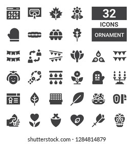 ornament icon set. Collection of 32 filled ornament icons included Mexican skull, Flower, Leaf, Kerchief, Mittens, Eggs, Cage, Certificate, Candelabra, Mitten, Bottle rack, Wreath