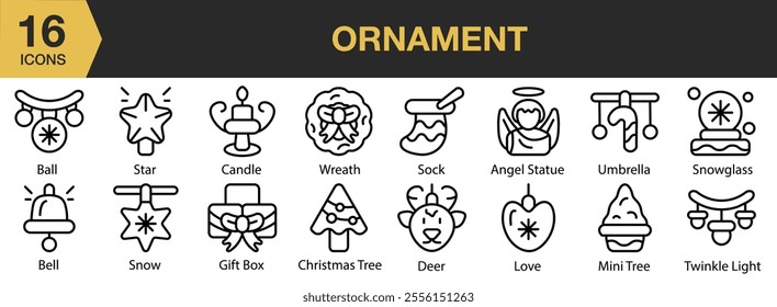 Ornament icon set. Includes wreatch, sock, angel statue, umbrella, snowglass, deer, love, and More. Outline icons vector collection.