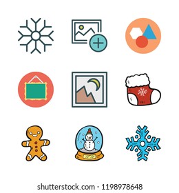 ornament icon set. vector set about frame, gingerbread man, christmas sock and geometry icons set.