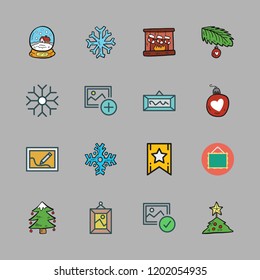 ornament icon set. vector set about frame, picture, christmas sock and snow globe icons set.