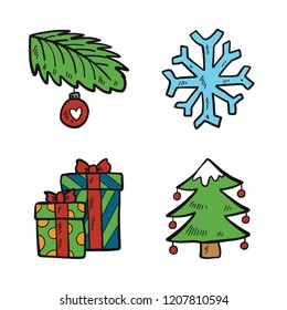 ornament icon set. vector set about christmas present, bauble, snowflake and christmas tree icons set.