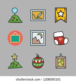 ornament icon set. vector set about picture, lace, christmas tree and frame icons set.