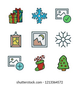 ornament icon set. vector set about christmas present, christmas sock, frame and picture icons set.