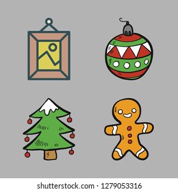 ornament icon set. vector set about gingerbread man, frame, christmas tree and bauble icons set.