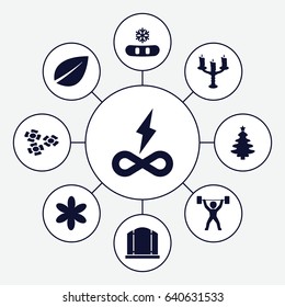 Ornament icons set. set of 9 ornament filled icons such as gate, flower, leaf, candlestick, power lifter, endless battery, snowflake
