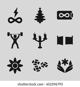Ornament icons set. set of 9 ornament filled icons such as flower, candlestick, gate, power lifter, endless battery