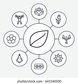 Ornament icons set. set of 9 ornament outline icons such as flower, leaf, candlestick, power lifter, endless battery