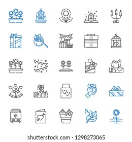ornament icons set. Collection of ornament with flower, leaf, gifts, wedding invitation, ice, gift, wedding gift, wedding bells, garlands. Editable and scalable ornament icons.