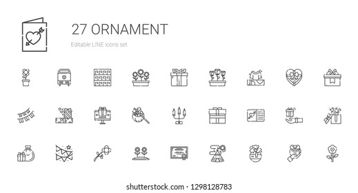 ornament icons set. Collection of ornament with gift, indian tent, certificate, flower, garland, gifts, wedding invitation, candelabra, garlands. Editable and scalable ornament icons.