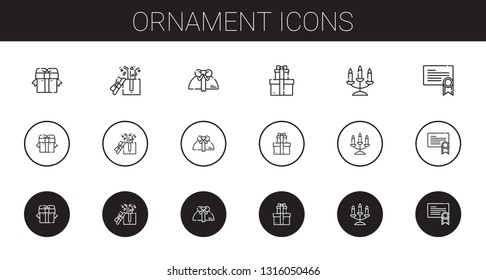 ornament icons set. Collection of ornament with gift, gifts, candelabra, certificate. Editable and scalable ornament icons.