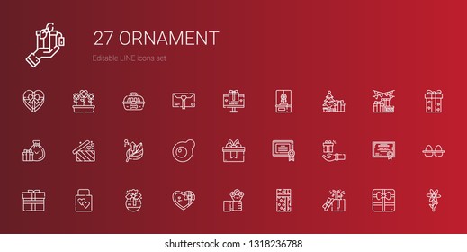 ornament icons set. Collection of ornament with gifts, gift, flowers, wedding gift, certificate, egg, leaf, christmas tree, dreamcatcher. Editable and scalable ornament icons.