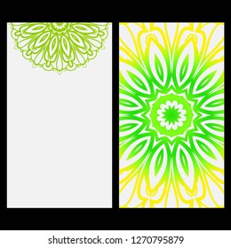 Ornament Illustration With Mandala for flyer. Vector Decorative Layout Design. Yellow, green color