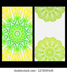 Ornament Illustration With Mandala for flyer. Vector Decorative Layout Design. Yellow, green color
