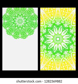 Ornament Illustration With Mandala for flyer. Vector Decorative Layout Design. Yellow, green color