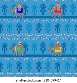 Ornament for Indian fabrics. Elephant and rider, Indian abstract patterns, trees and bright blue background. Seamless pattern for printing.