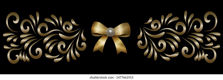 Ornament for interior design in a gold version with a gold bow and a pearl in the middle. Black background. Vector illustration.