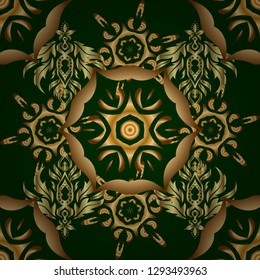 Ornament for invitations, birthday, greeting cards, web pages. Floral oriental decor. Luxury wallpaper on green. Ornate golden pattern for design. Vector seamless texture in Eastern style.