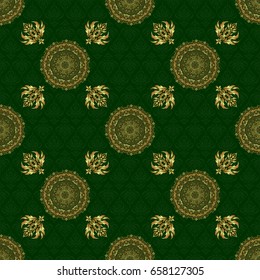 Ornament for invitations, birthday, greeting cards, web pages. Ornate golden pattern for design. Floral oriental decor. Vector seamless texture in Eastern style. Luxury wallpaper on green.