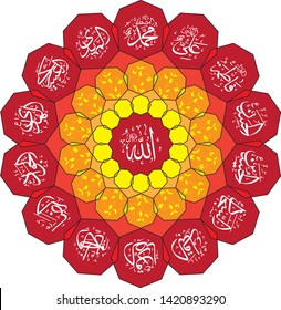 ornament Islamic circle full color. with text names of leader in Shia beliefs