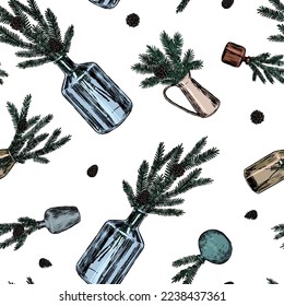 Ornament of jars with fir tree branches and cones. Christmas tree twigs in vases. Abstract vector seamless pattern. Retro style design.