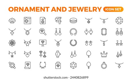 Ornament and Jewelry icon set . Simple Set of Jewelry Related Vector Line Icons. Contains such Icons as Earrings, Body Crosses, and Engagement rings. Outline icon collection.