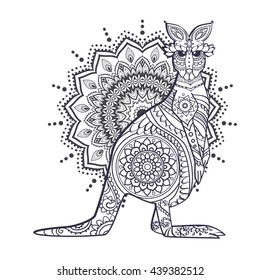 Ornament kangaroo vector. Beautiful illustration kangaroo for design, print clothing, stickers, tattoos, Adult Coloring book. Hand drawn animal illustration. Bohemian kangaroo lace