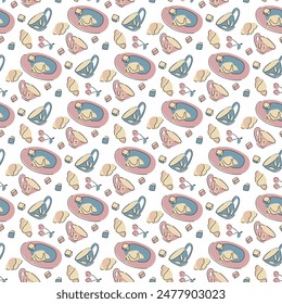 Ornament with kitchenware, croissants and cherries. Light background, pastel colors. Bakery and bakery packaging design. Regular rhythm