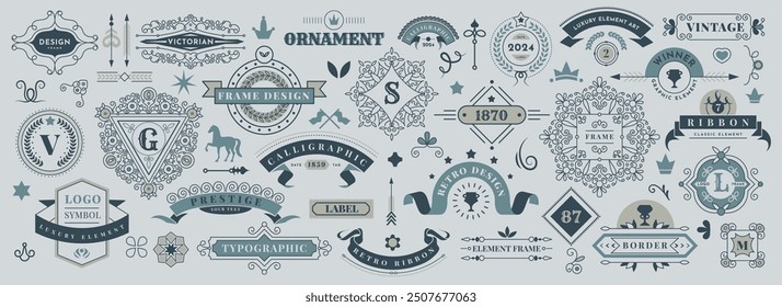 Etiqueta de adorno, cinta curva con espacio de copia. Marco del elemento del diseño, logotipo retro, forma de la decoración, decoración elegante del Anuncio. Signo, insignia de filigrana, floritura ornamentada clásica, texto viejo. Conjunto de bordes de Vector