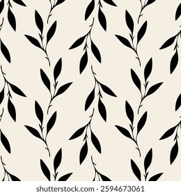 Ornament leaf pattern, dark silhouette on beige background. Textile.