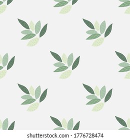 Ornament leafs seamless botanic pattern. Green elements and light background in pastel tones. Simple design. Great for fabric, textile, wrapping paper, wallpaper. Vector illustration.