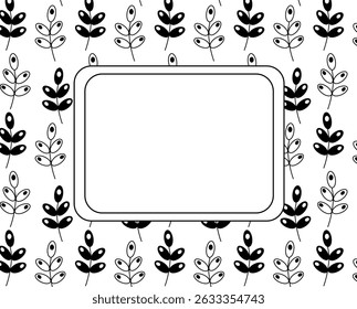 Ornament leafy branches rectangle frame template. Vector graphic line illustration. Black and white Trendy print on fabric. Fresh plant sprouting stems background template. Forest ornament.

