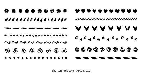 Ornament line border set. Brush hand drawing doodle design element frame background, holiday birthday, greeting, invitation card, gift box, pattern decor. Black vector stamp grunge texture.