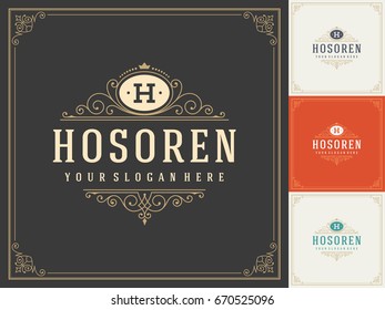 Ornament logo design template vector flourishes calligraphic decorations elegant royal frame lines. Good for Luxury Crest, boutique brand, wedding shop, hotel sign.