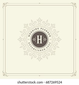 Ornament logo design template vector flourishes calligraphic vintage frame. Good for Luxury Crest, boutique brand, wedding shop, hotel sign.