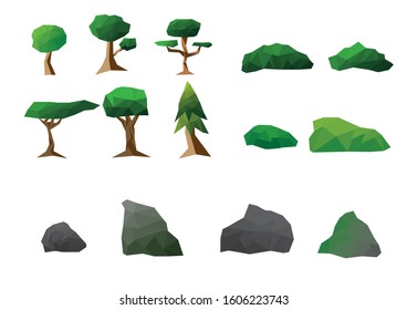 ornament lowpoly tree grass and rock. bundle ornamet natural tree rock and grass