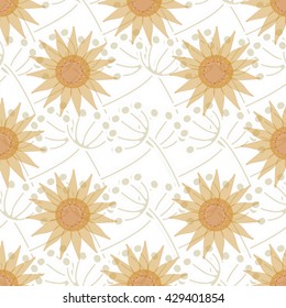 Ornament made in the romantic - natural style. Large flowers are on the background of interwoven blades of grass. Vector illustration.
