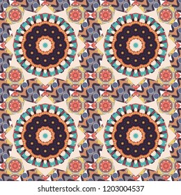 Ornament made of various beige, violet and gray shapes. Gift wrapping paper. Bed sheets and interior. Random layout. Seamless abstract vector geometric pattern.